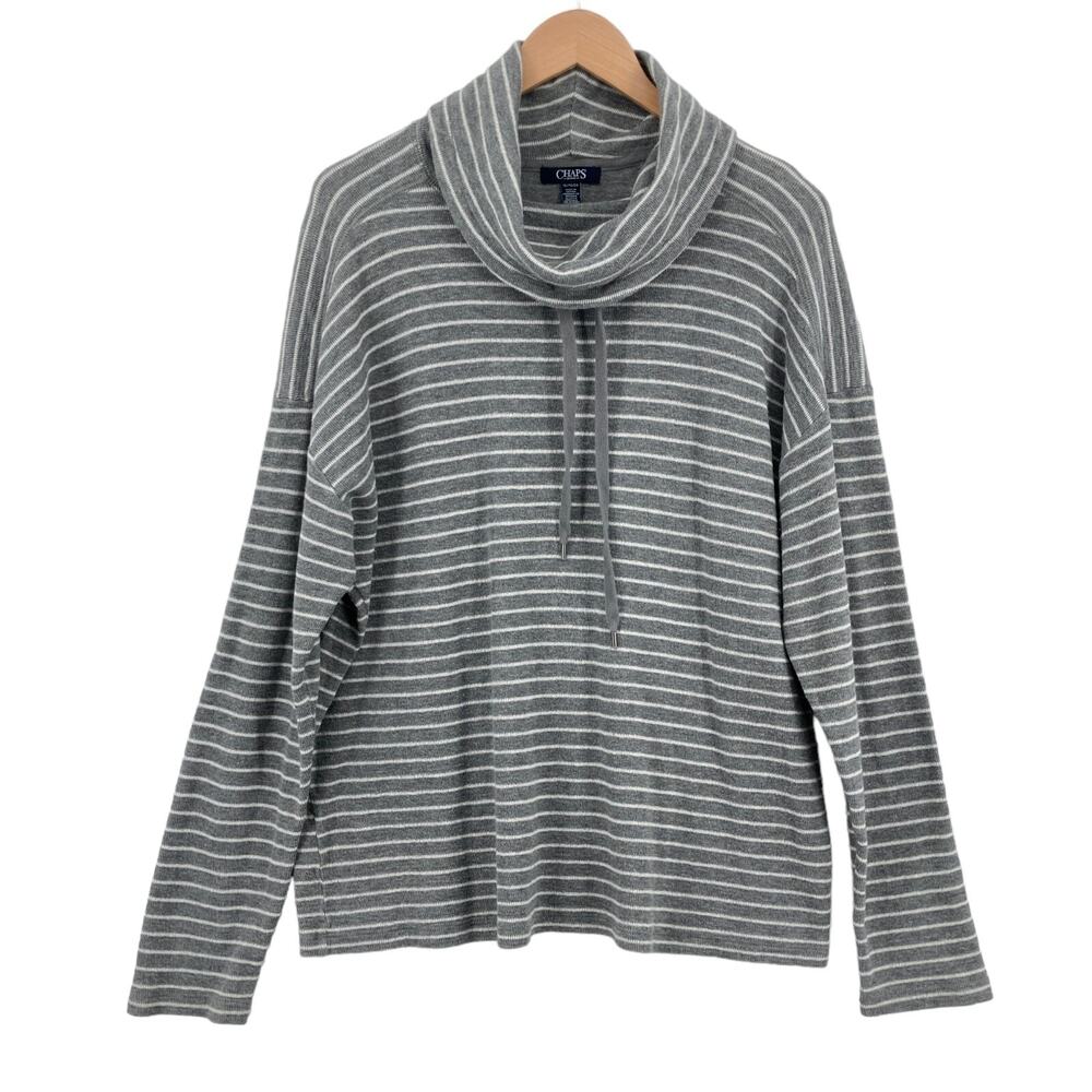 Chaps Sweater Womens XL Gray White Striped Knit Cotton Drawstring Cowl Neck